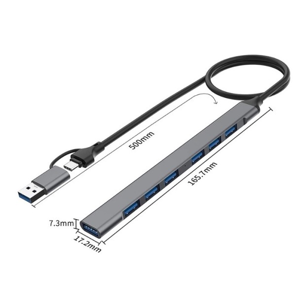 Адаптер USB HUB XoKo AC-700m (Type-C / USB на 6USB2.0 / 1USB3.0) (Сірий) XK-AC-700m-SL, Харків, Київ, Україна