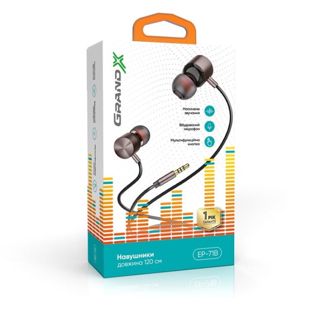 Дротові вакуумні навушники-гарнітура Grand-X EP-71B (Чорний) GX