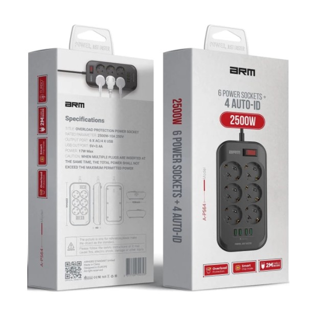 Мережевий подовжувач ArmorStandart A-PS64 (2m) (4USB / 6EU) (Чорний) AR