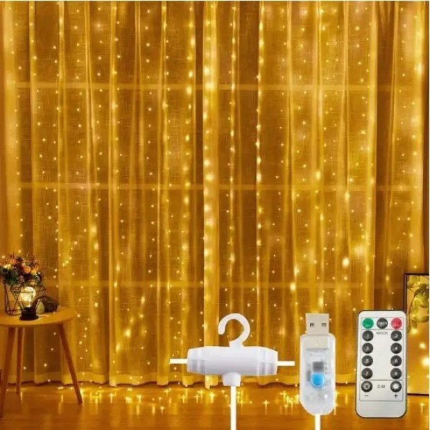 Garland-curtain 3x3m USB with remote control (Warm light)
