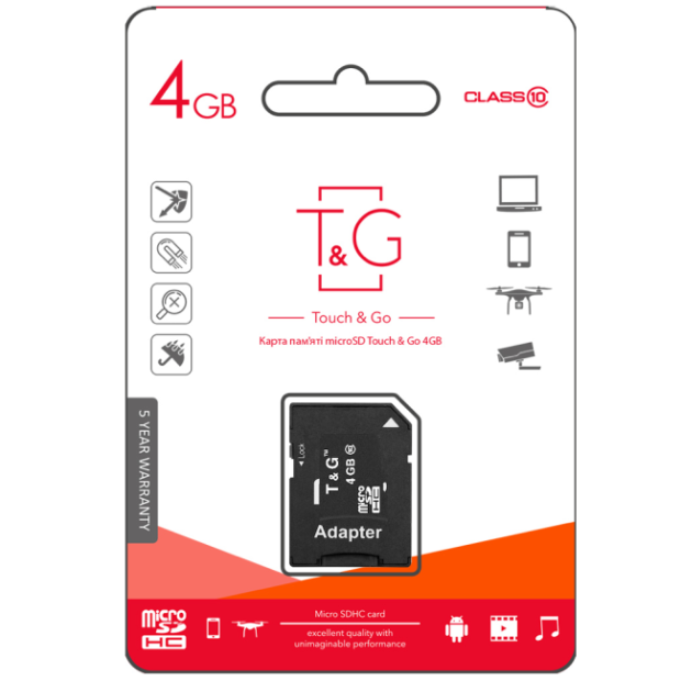 Карта пам'яті T&G MicroSDHC 4Гб (Клас 10) + SD-адаптер