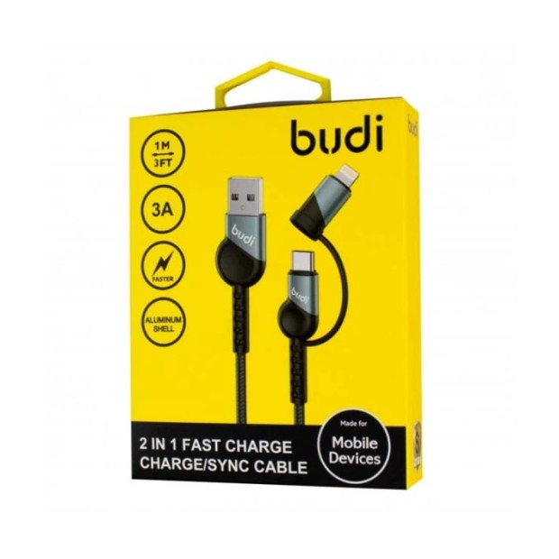 USB-кабель Budi DC231TL10B 2в1 3A (1м) (USB на Type-C / Lightning) (Чорний) U