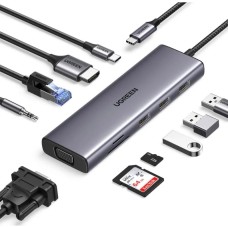 Перехідник UGREEN CM498 (з USB-C на 3USB 3.0  /  HDMI  /  VGA  /  RJ45 Gigabit  /  SD / TF  /  AUX3.5 мм / PD) (сірий)