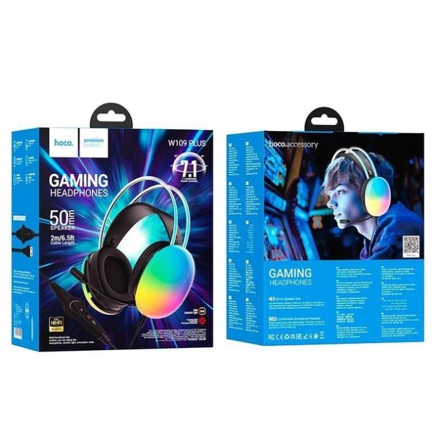 Проводные накладные наушники-гарнитура Hoco W109 Plus RGB (Чёрный)