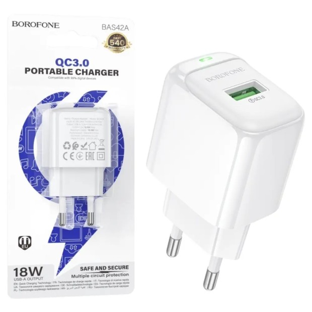 Адаптер живлення Borofone BAS42A QD 18W (1USB) (білий)