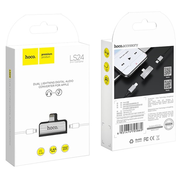 Переходник Hoco LS24 Lightning 2 в 1 (зарядка + наушники)
