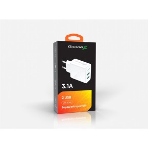 Мережевий адаптер Grand-X CH-60 5V 3.1A (2USB) (Білий) GX