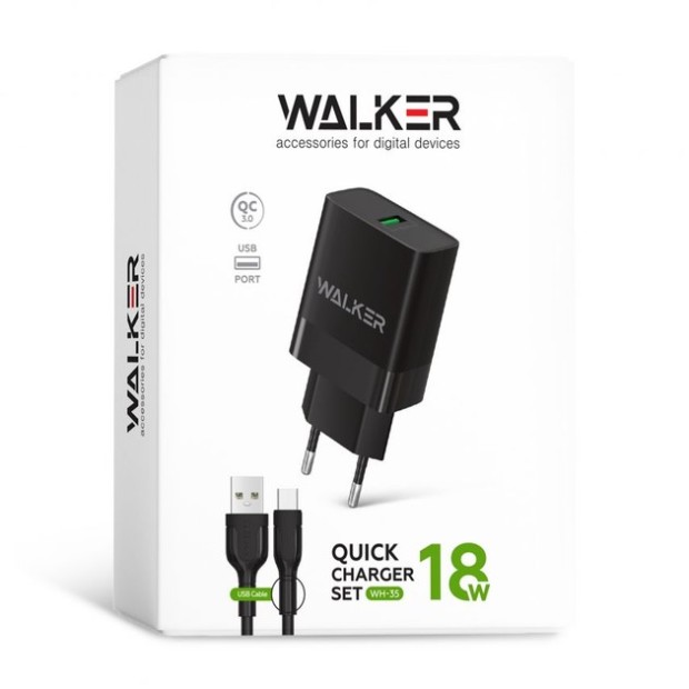 Walker WH-35 3A 18W (1USB) charger adapter + Type-C cable (Black)