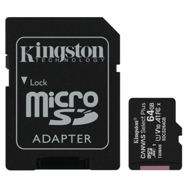 Kingston Canvas Select Plus MicroSDXC Memory Card 64GB (UHS-1) (A1) (Class 10) + SD Adapter