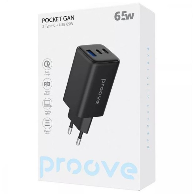 СЗУ-адаптер Proove Pocket GaN 65W (2Type-C / 1USB ) (Чёрный) WCPG65121201