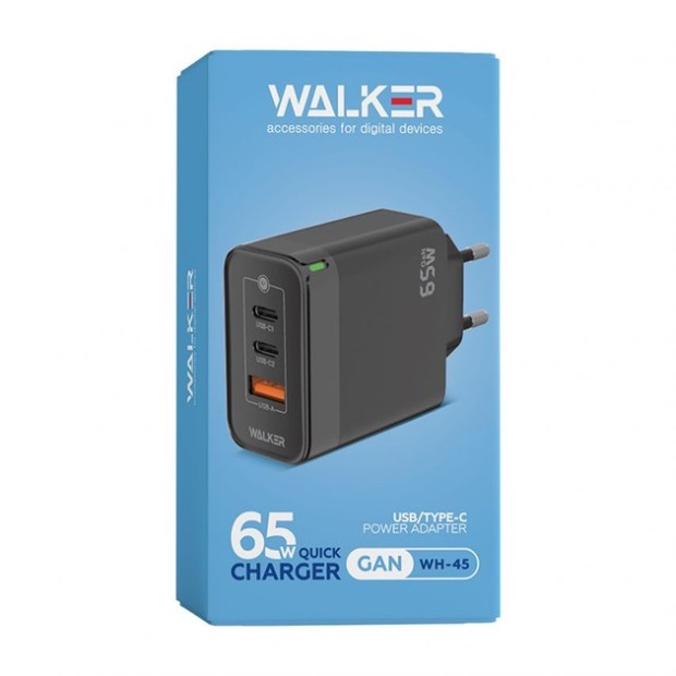 Walker WH-45 65W GAN Adapter (1 USB  /  2 Type-C) (Black)