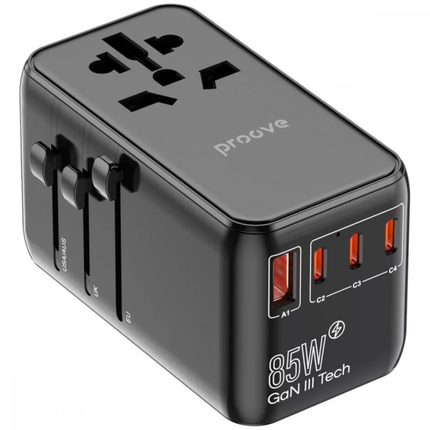 ЗП-адаптер Proove Trip 85W (3Type-C / 1USB 220V EU / US) + вбудований кабель Type-C (Black) ЗП-адаптер Proove Trip 85W (3Type-C / 1USB 220V EU / US) + вбудований кабель Type-C (Black)