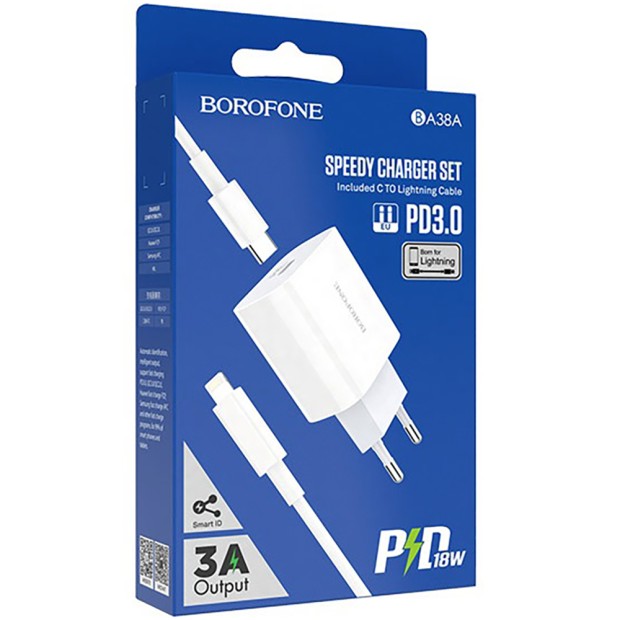 Borofone BA38A PD 3.0 USB Charger Adapter + Type-C to Lightning Cable (White)