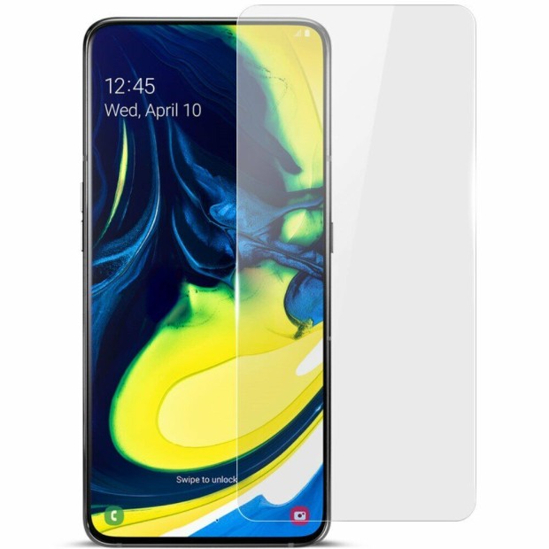 Samsung Galaxy A80 (2019) мав скляне покриття на дисплеї та задній панелі, зі склом Corning Gorilla Glass 3 спереду та 6 ззаду.