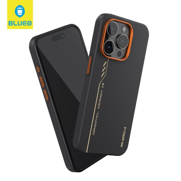 Blueo Fully Wrapped Aramid Fiber Case with MagSafe for Apple iPhone 16 Pro Max (Black / Orange).