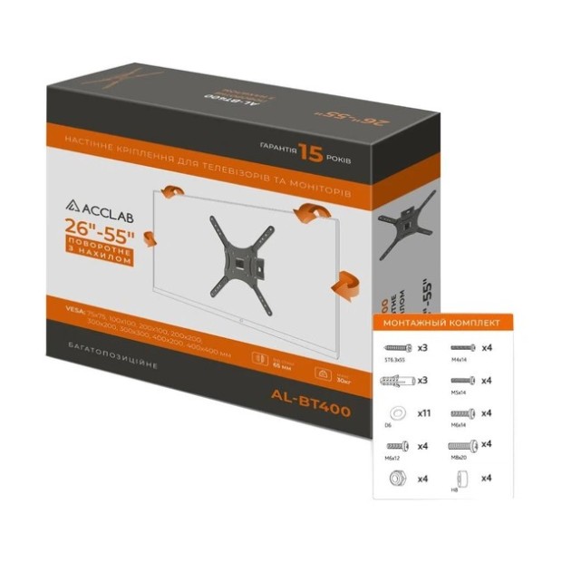 Кронштейн для телевизора и монитора ACCLAB BT400 (26-75