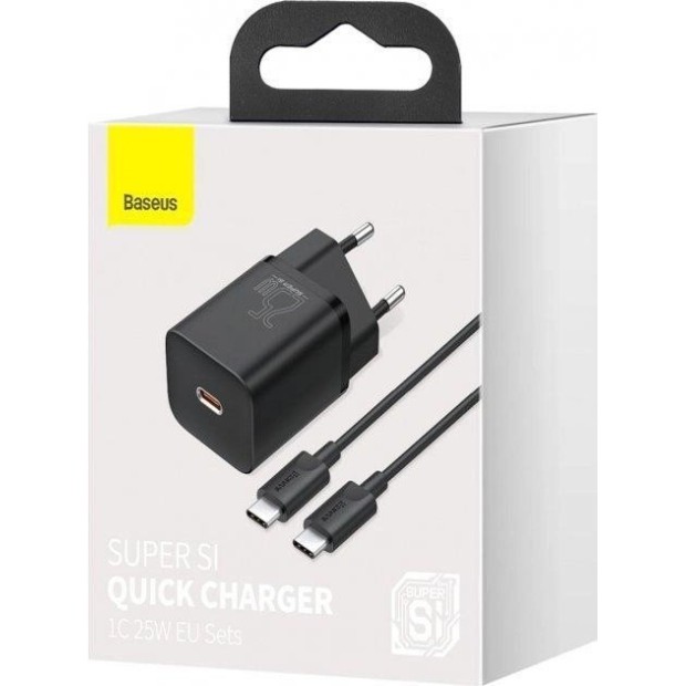 Baseus Super Silicone 25W QC PD Type-C Charger + Type-C to Type-C Cable 3A (Black) TZCCSUP-L01
