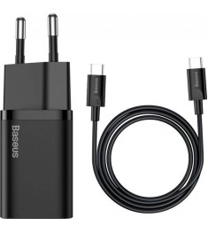 Baseus Super Silicone 25W QC PD Type-C Charger + Type-C to Type-C Cable 3A (Blac..