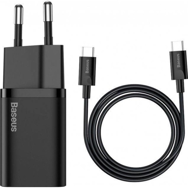 Baseus Super Silicone 25W QC PD Type-C Charger + Type-C to Type-C Cable 3A (Black) TZCCSUP-L01