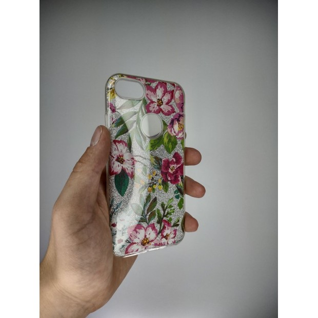 Силикон Glitter Apple iPhone 7 / 8 / SE (2020) (Silver Flowers)