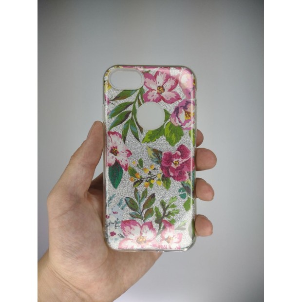 Силикон Glitter Apple iPhone 7 / 8 / SE (2020) (Silver Flowers)