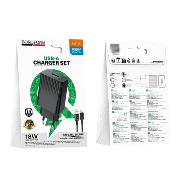 СЗУ-адаптер USB Borofone BAS72A QC3.0 18W (1USB) + кабель MicroUSB (Чорний)