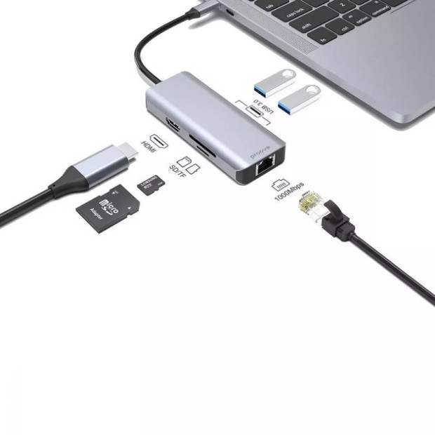 Перехідник USB HUB Proove Iron Link 6-в-1 (Type-C) (2 USB 3.0 /  1 SD / TF /  RJ45 /  1 HDMI) (Сріблястий)