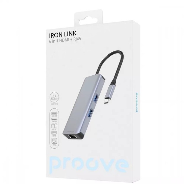 Перехідник USB HUB Proove Iron Link 6-в-1 (Type-C) (2 USB 3.0 /  1 SD / TF /  RJ45 /  1 HDMI) (Сріблястий)