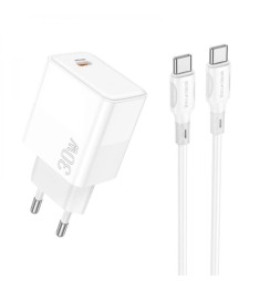 Borofone BA77A 30W USB Charger Adapter (1 Type-C) + Type-C to Type-C Cable (Whit..