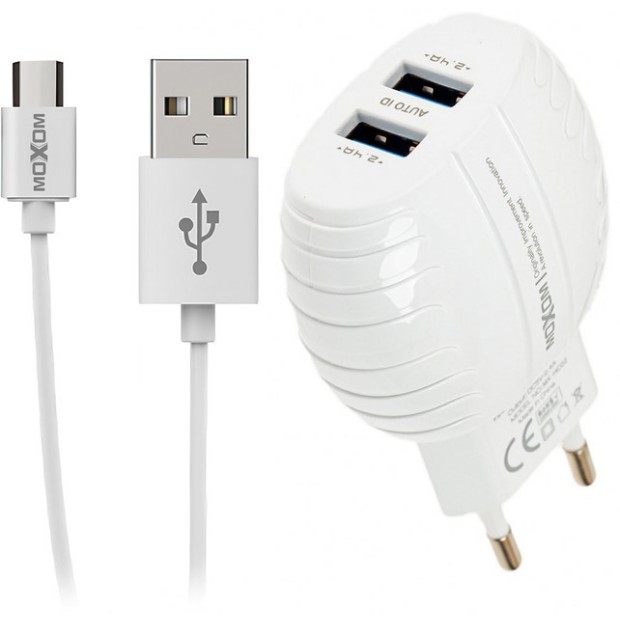 Зарядний пристрій MOXOM HC-02 + MicroUSB-кабель (Білий)
