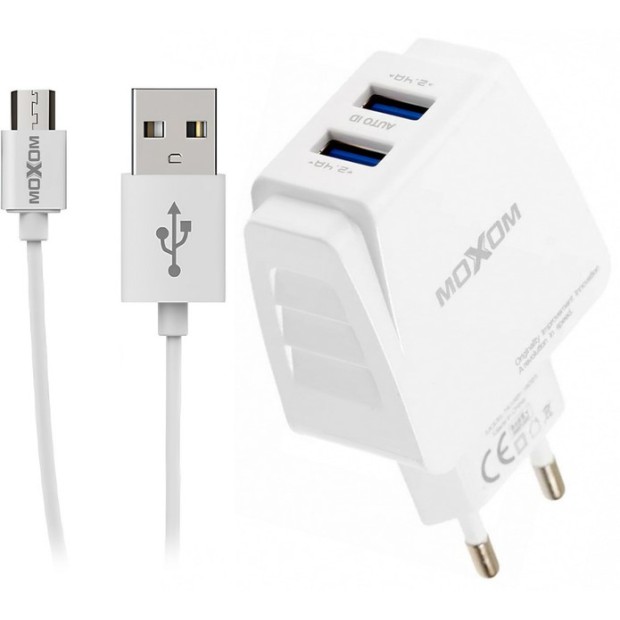 Зарядний пристрій MOXOM HC-02 + MicroUSB-кабель (Білий)