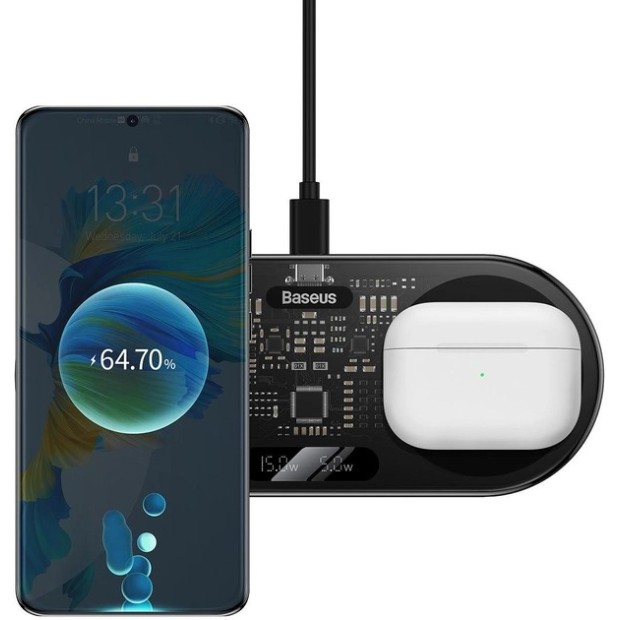 Бездротовий зарядний пристрій Baseus Digital LED Display WXSX010101 2in1 20W (Чорний)