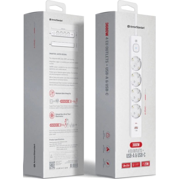 Мережевий подовжувач ArmorStandart A-PS42 (1.8m) (1USB / 1Type-C / 4EU) (Чорний) AR