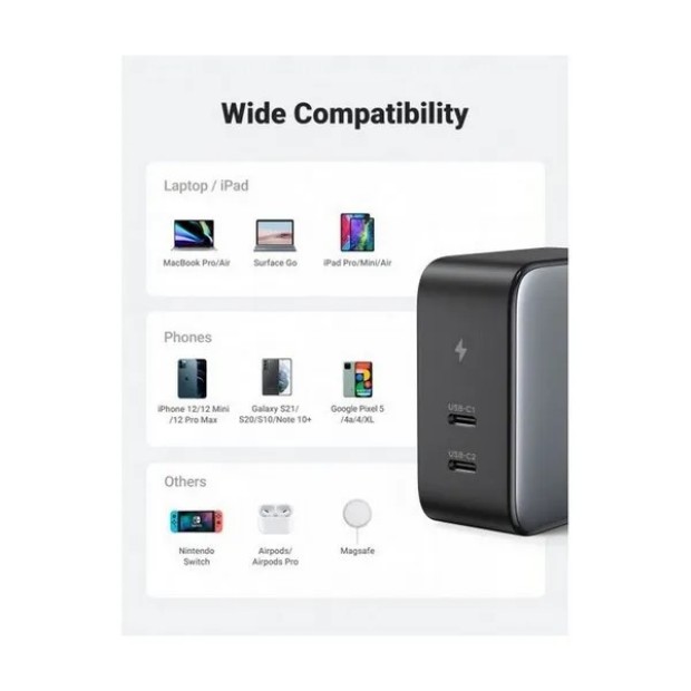 СЗУ-адаптер UGREEN CD254 100W GaN (2Type-C) (Black)