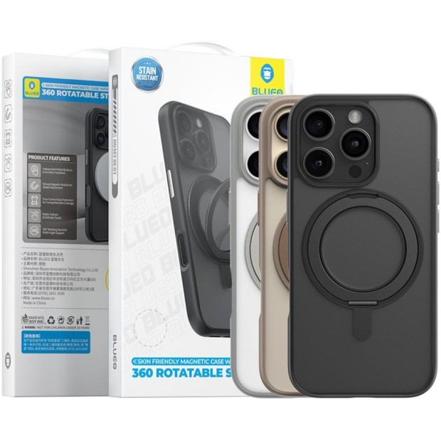 Накладка Blueo Skin Friendly з можливістю обертання на 360 градусів зі стендом та підтримкою MagSafe для Apple iPhone 16 Plus (чорна)