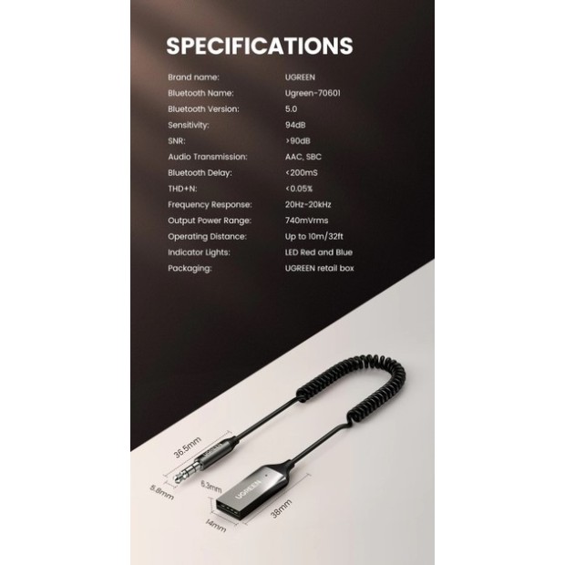 USB-адаптер Bluetooth, приймач UGREEN CM309 (Space Gray) (70601)