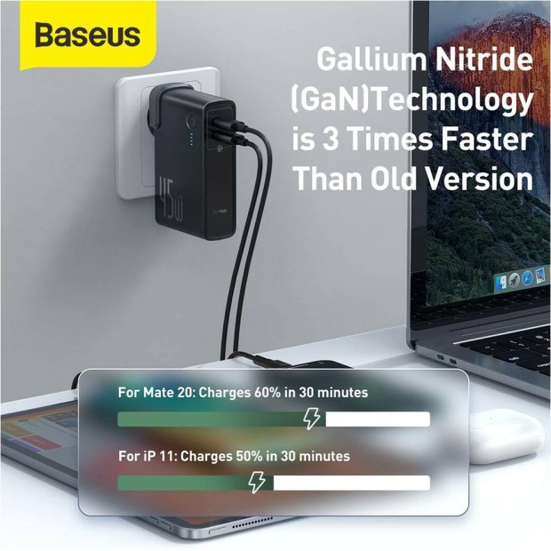 Baseus Power Station 2в1 QC (1 Type-C  /  1 USB) 10000mAh 45W + адаптер EU (Чорний)