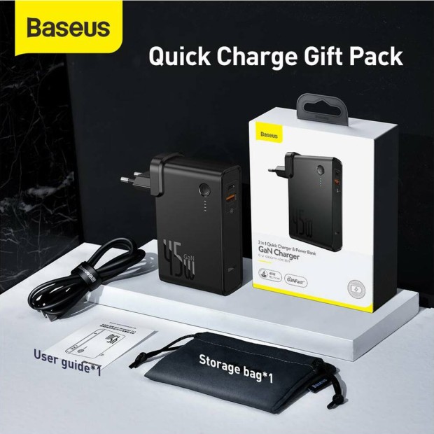 Baseus Power Station 2в1 QC (1 Type-C  /  1 USB) 10000mAh 45W + адаптер EU (Чорний)