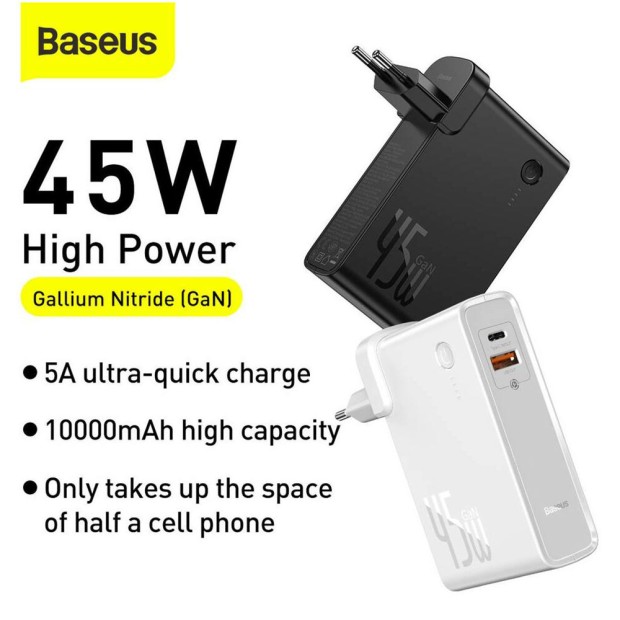 СЗУ-адаптер Baseus Power Station 2in1 Q.C. (1Type-C / 1USB) 10000mAh 45W + EU адаптер (Чёрный)