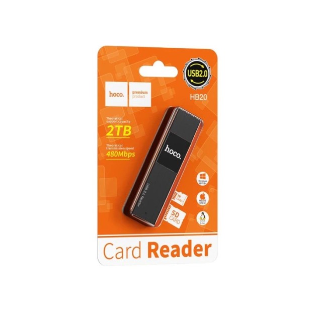 Адаптер для карт SD Hoco HB20 USB2.0 2в1 (Чорний), Харків, Київ, Україна