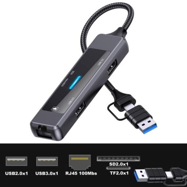 Перехідник USB HUB XoKo AC-350 (Type-C / USB на 1USB2.0 / 1USB3.0 / SD / TF / RJ45) (Сірий) XK-AC-350