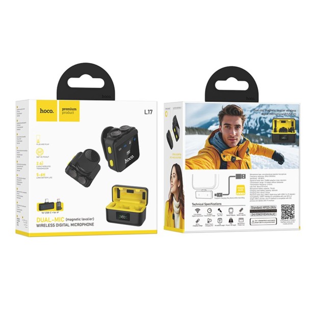 Беспроводной микрофон петличный Hoco L17 2in1 (Type-C / Lightning) (Чёрный)