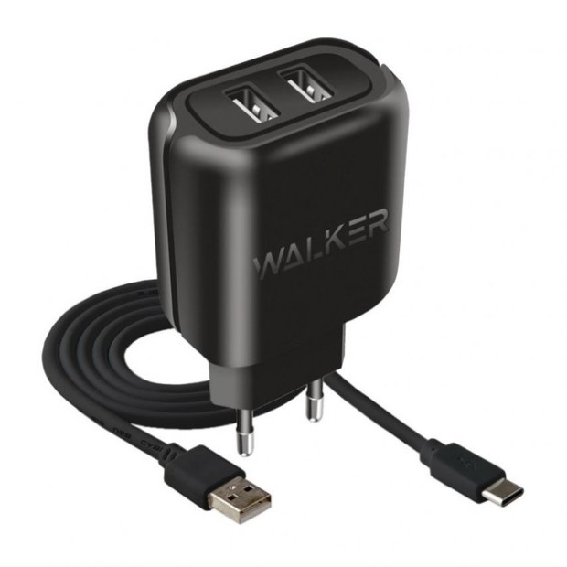 Зарядний пристрій Walker WH-27 2.1A (2USB) + кабель Type-C (чорний)