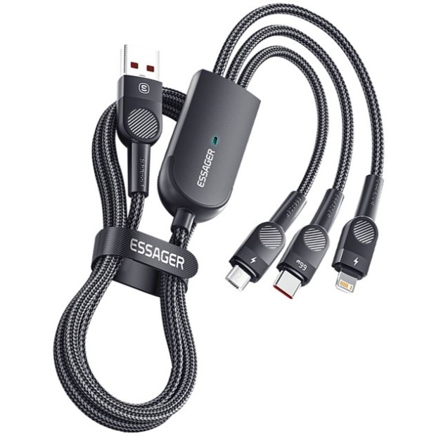 USB-кабель Essager Swift 66W (1.2m) (USB - Lightning / MicroUSB / Type-C) (Black) EXCMTL-XJ01