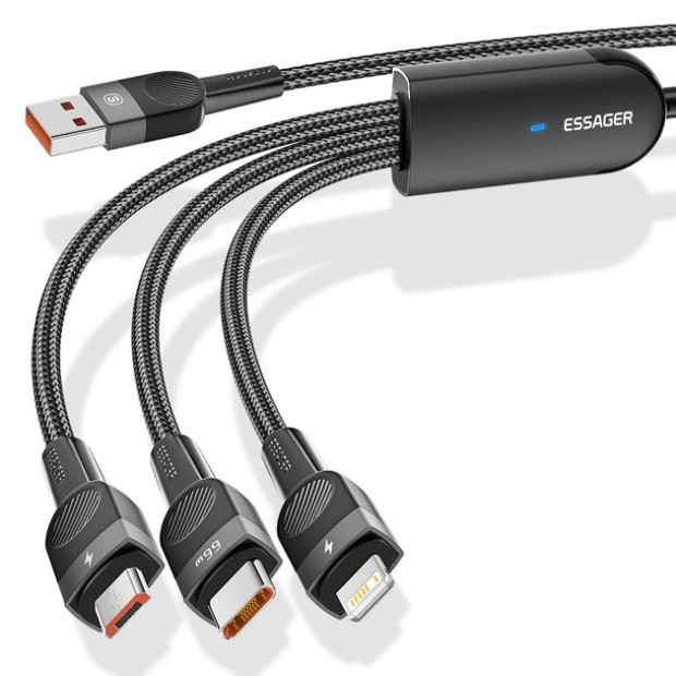 USB-кабель Essager Swift 66W (1.2m) (USB - Lightning / MicroUSB / Type-C) (Black) EXCMTL-XJ01