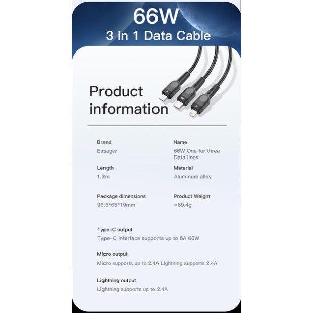 USB-кабель Essager Swift 66W (1.2m) (USB - Lightning / MicroUSB / Type-C) (Black) EXCMTL-XJ01