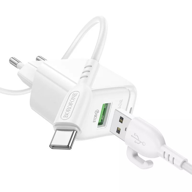 Білий зарядний пристрій USB Borofone BAS42A QD 18W (1USB) з кабелем Type-C