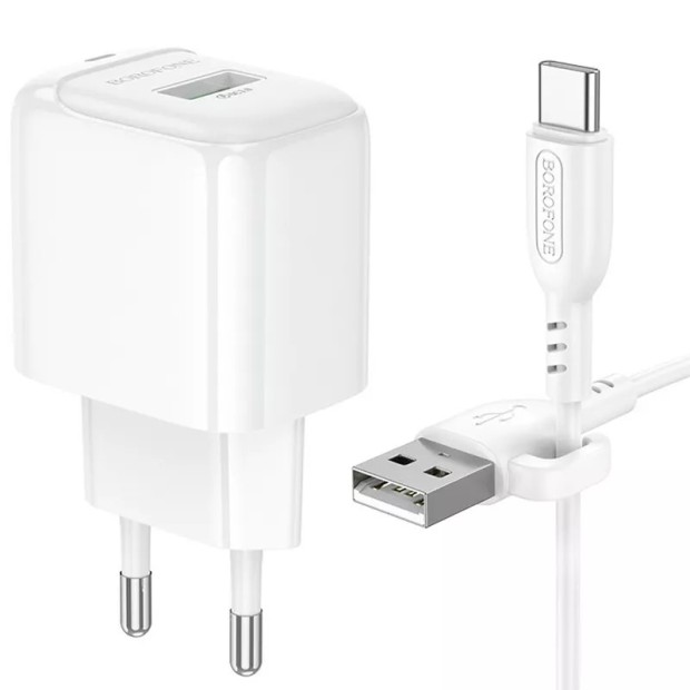 Білий зарядний пристрій USB Borofone BAS42A QD 18W (1USB) з кабелем Type-C