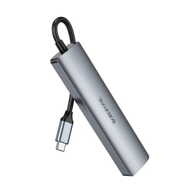 Переходник USB HUB Borofone DH16 6in1 (Type-C to HDMI/PD/USB3.0/2USB2.0/RJ45) (Серый)