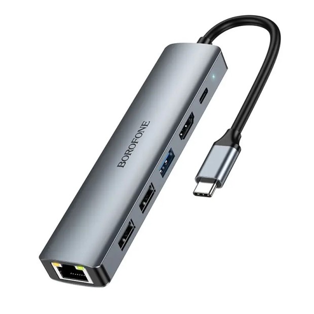 Переходник USB HUB Borofone DH16 6in1 (Type-C to HDMI/PD/USB3.0/2USB2.0/RJ45) (Серый)